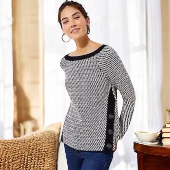 LOFT Textured Side Button Black White Geometric Sweater with 2% Wool Size Small - Picture 16 of 16